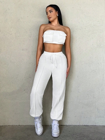 Flap Pocket Crop Tube Top & Drawstring Waist Sweatpants