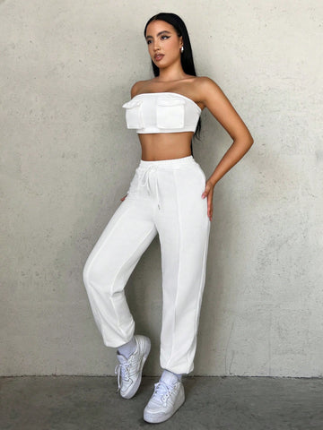 Flap Pocket Crop Tube Top & Drawstring Waist Sweatpants