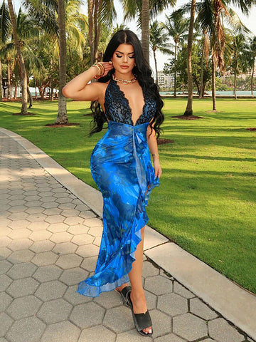 Floral Lace Mesh Halter Sleeveless Dress