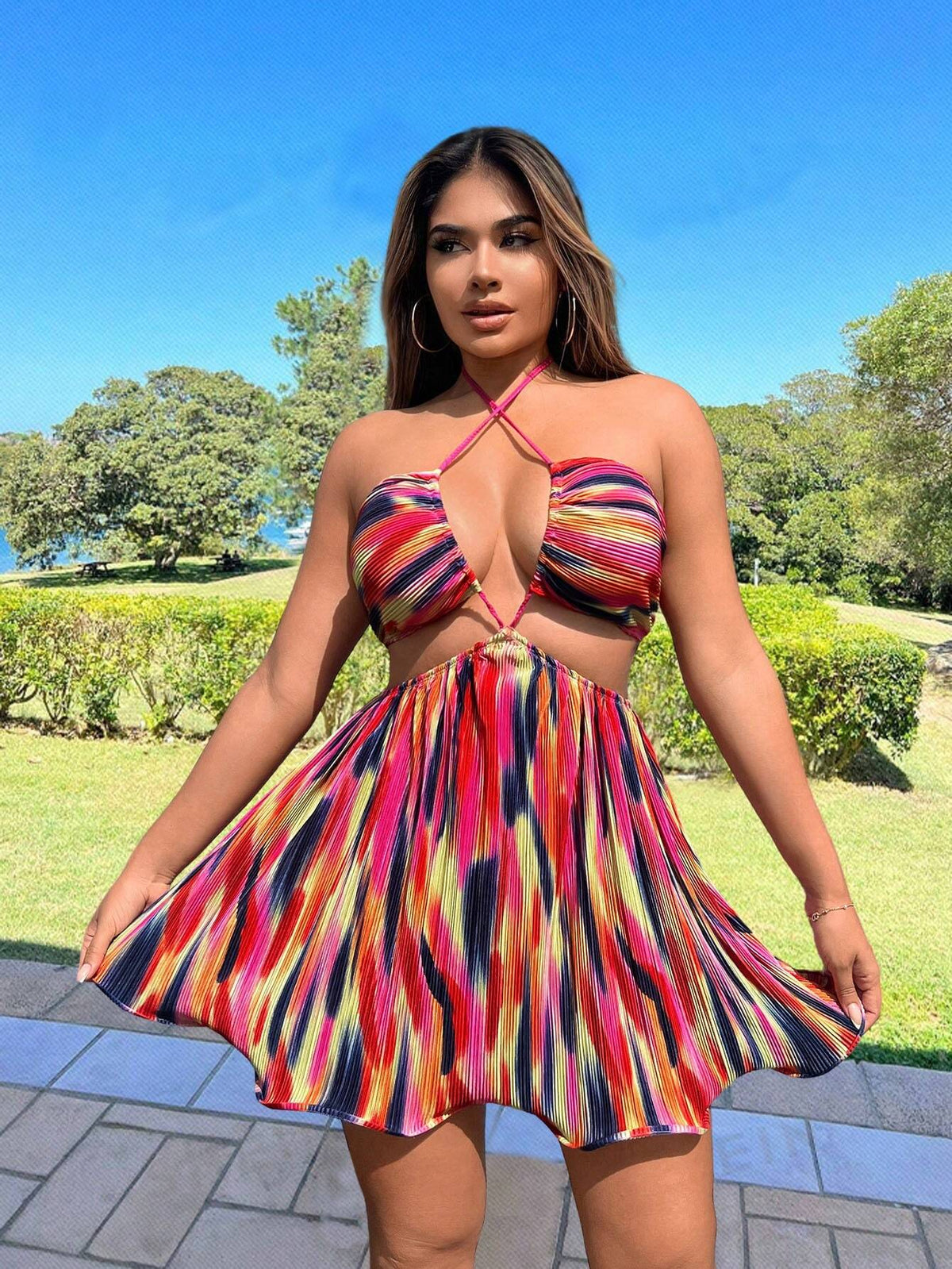 Floral Pleated Mini Dress Pod Hem Big Backless Tie Beach Vacation Women Clothes