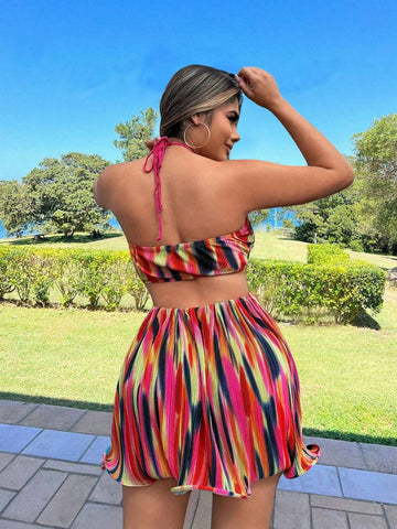 Floral Pleated Mini Dress Pod Hem Big Backless Tie Beach Vacation Women Clothes