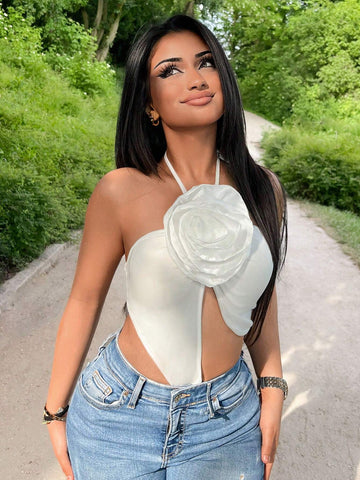 Floral Printed Sleeveless V-Neck Split Bodysuit For Summer, Sexy And Chic