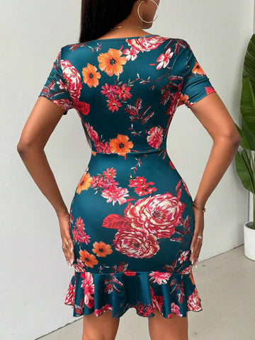 Flower Print Ruffle Hem Bodycon Dress For Summer