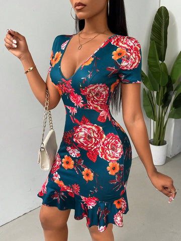 Flower Print Ruffle Hem Bodycon Dress For Summer