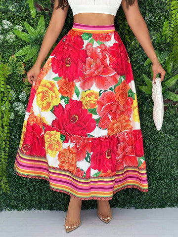 SXY Flower Printed Striped Patchwork Long Skirt For Beach Holiday In Summer