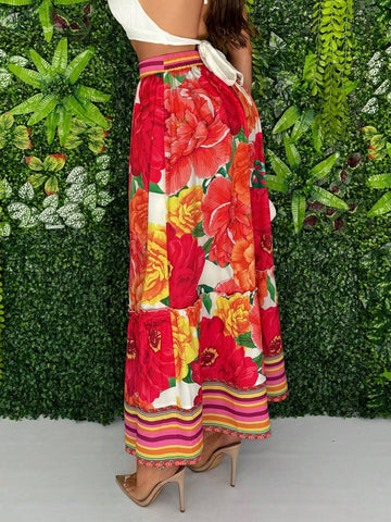SXY Flower Printed Striped Patchwork Long Skirt For Beach Holiday In Summer