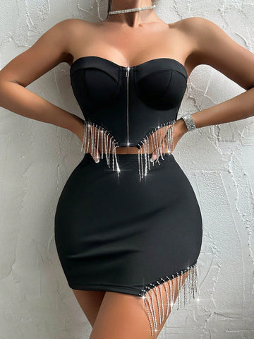 Fringe Trim Tube Top & Bodycon Skirt