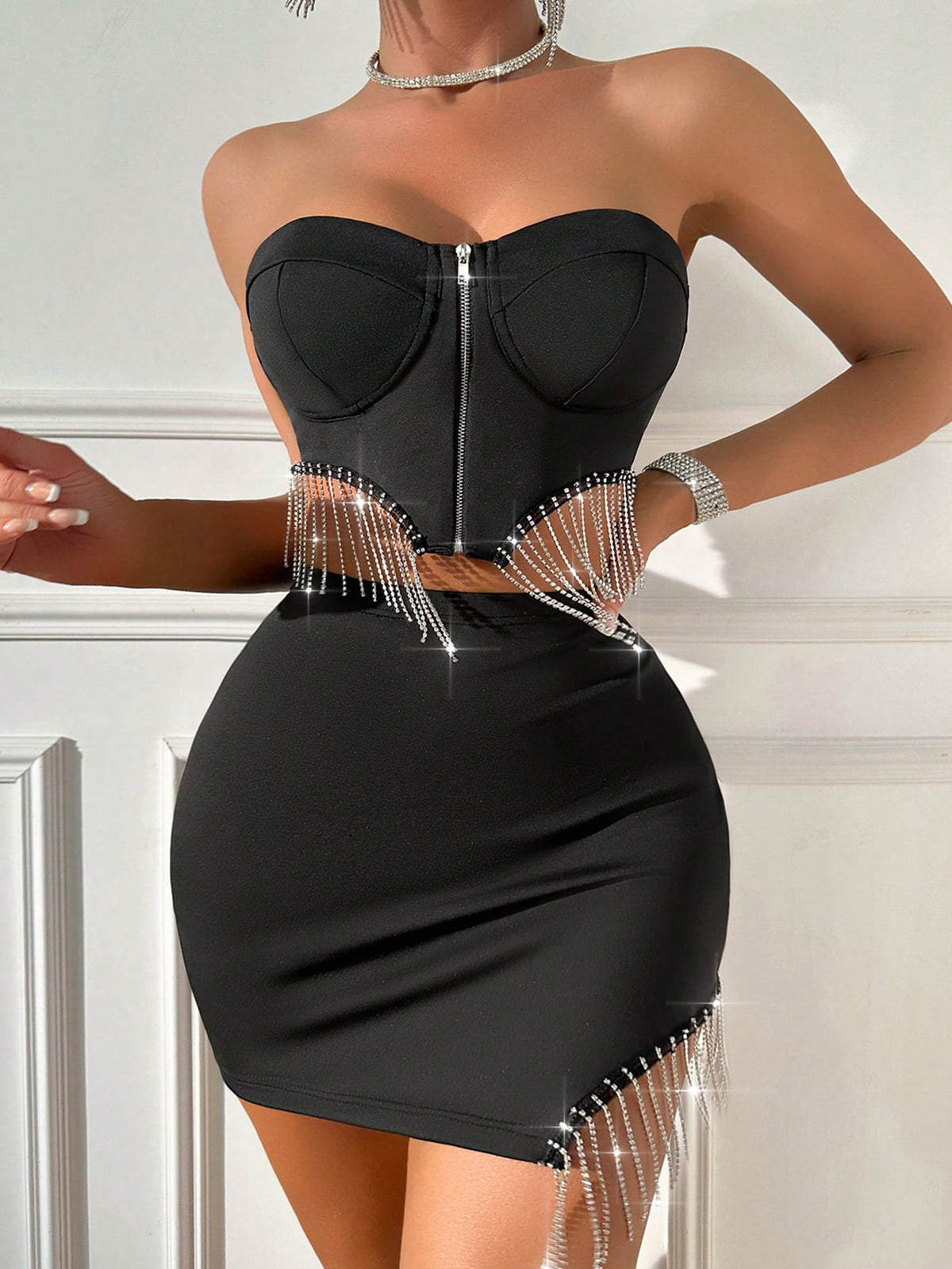 Fringe Trim Tube Top & Bodycon Skirt