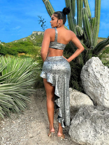 Full Print One Shoulder 3d Flower Cropped Top And Irregular Ruffle Hem Skirt 2pcs Set