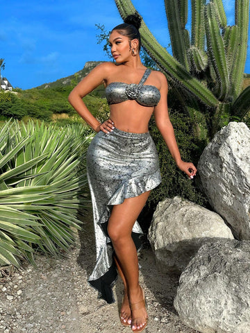 Full Print One Shoulder 3d Flower Cropped Top And Irregular Ruffle Hem Skirt 2pcs Set