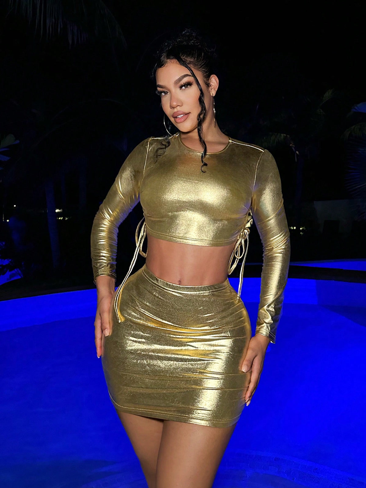 Gold Metallic Top With Midi Skirt Set