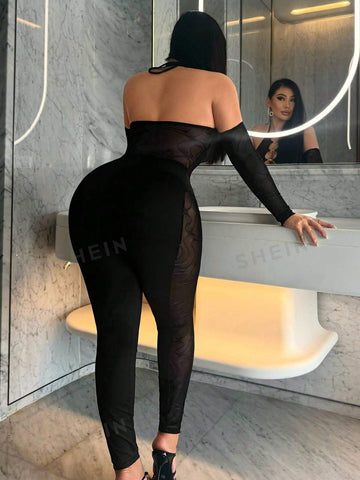 Gorgeous Ladies Sexy Black Hollow Style Party Nightclub Hottie See-Through Fishnet Splicing Halter Neck Long Sleeves Sleeve Details Hollowed Out High Elastic Seamless High Elastic Silk Trousers Tight Jumpsuit