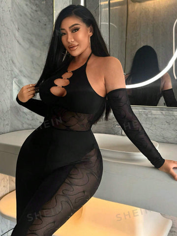 Gorgeous Ladies Sexy Black Hollow Style Party Nightclub Hottie See-Through Fishnet Splicing Halter Neck Long Sleeves Sleeve Details Hollowed Out High Elastic Seamless High Elastic Silk Trousers Tight Jumpsuit