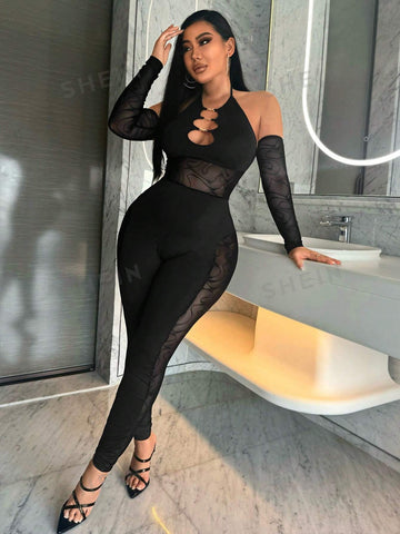 Gorgeous Ladies Sexy Black Hollow Style Party Nightclub Hottie See-Through Fishnet Splicing Halter Neck Long Sleeves Sleeve Details Hollowed Out High Elastic Seamless High Elastic Silk Trousers Tight Jumpsuit
