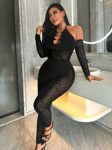 Gorgeous Ladies Sexy Black Hollow Style Party Nightclub Hottie See-Through Fishnet Splicing Halter Neck Long Sleeves Sleeve Details Hollowed Out High Elastic Seamless High Elastic Silk Trousers Tight Jumpsuit