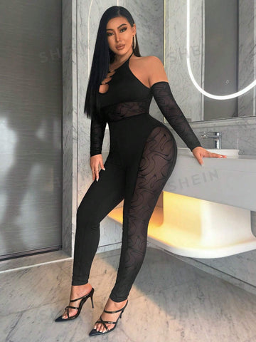 Gorgeous Ladies Sexy Black Hollow Style Party Nightclub Hottie See-Through Fishnet Splicing Halter Neck Long Sleeves Sleeve Details Hollowed Out High Elastic Seamless High Elastic Silk Trousers Tight Jumpsuit