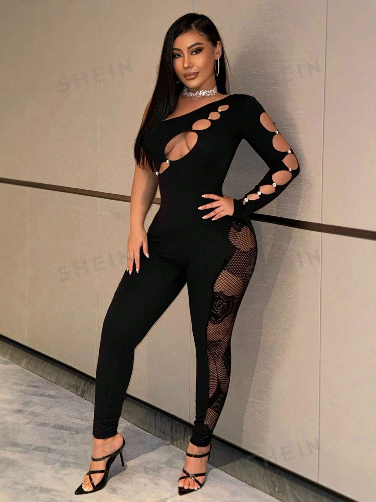 Gorgeous Ladies Sexy Black Hollow Style Party Nightclub Hottie See-Through Floral Fishnet Splicing Irregular Collar Long Sleeves Sleeve Details Hollowed Out High Elastic Seamless High Elastic Silk Trousers Tight Jumpsuit