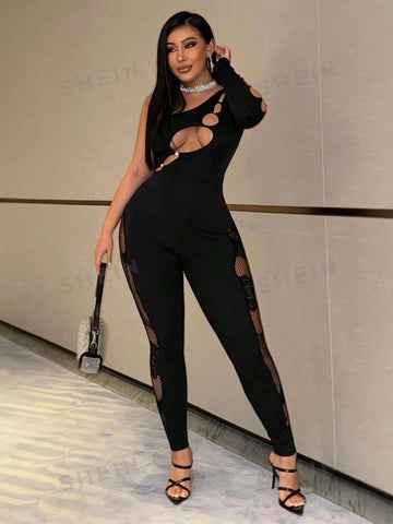 Gorgeous Ladies Sexy Black Hollow Style Party Nightclub Hottie See-Through Floral Fishnet Splicing Irregular Collar Long Sleeves Sleeve Details Hollowed Out High Elastic Seamless High Elastic Silk Trousers Tight Jumpsuit