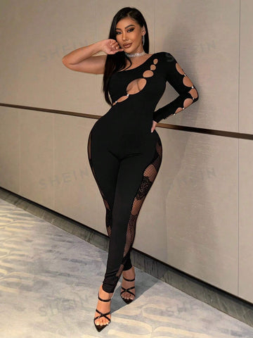 Gorgeous Ladies Sexy Black Hollow Style Party Nightclub Hottie See-Through Floral Fishnet Splicing Irregular Collar Long Sleeves Sleeve Details Hollowed Out High Elastic Seamless High Elastic Silk Trousers Tight Jumpsuit