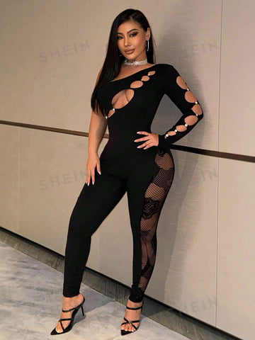 Gorgeous Ladies Sexy Black Hollow Style Party Nightclub Hottie See-Through Floral Fishnet Splicing Irregular Collar Long Sleeves Sleeve Details Hollowed Out High Elastic Seamless High Elastic Silk Trousers Tight Jumpsuit