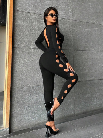 Gorgeous Lady Sexy Black Hollow Style Party Nightclub Hottie See Through Front Hollow Round Neck Long Sleeve High Elastic Trousers Tight Jumpsuit