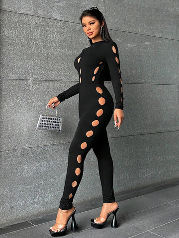 Gorgeous Lady Sexy Black Hollow Style Party Nightclub Hottie See Through Front Hollow Round Neck Long Sleeve High Elastic Trousers Tight Jumpsuit