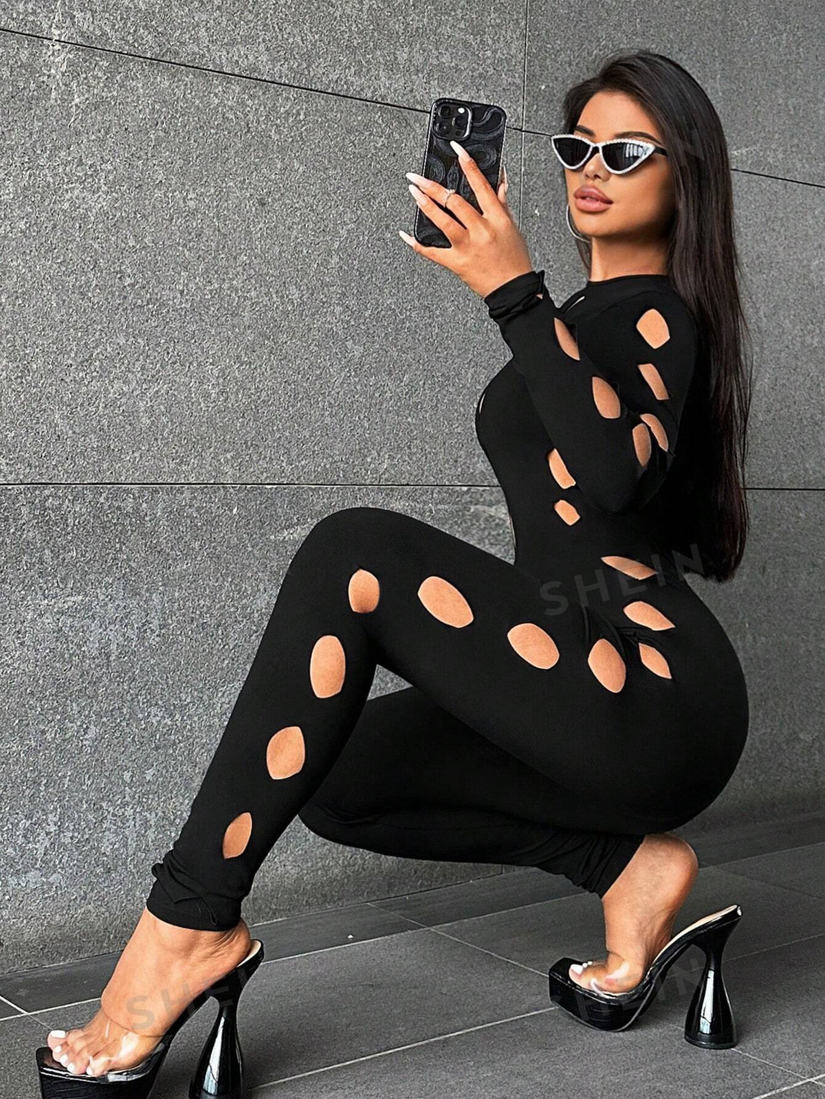 Gorgeous Lady Sexy Black Hollow Style Party Nightclub Hottie See Through Front Hollow Round Neck Long Sleeve High Elastic Trousers Tight Jumpsuit