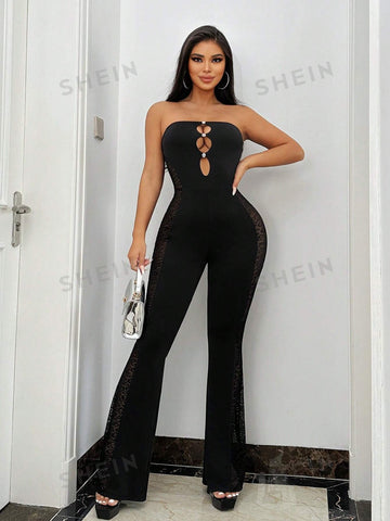 Gorgeous Lady Sexy Black Side Hollow Air Party Nightclub Hottie See-Through Fishnet One-Line Collar Tube Top High Elastic Splicing Mesh Trousers Bell Bottoms Tight Jumpsuit