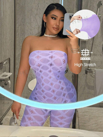 Gorgeous Lady Sexy Lilac Hollow Air Party Nightclub Hottie See-Through One-Shoulder Tube Top Collar Diamond Texture Pattern High Elastic Shorts Tight Jumpsuit