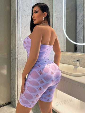 Gorgeous Lady Sexy Lilac Hollow Air Party Nightclub Hottie See-Through One-Shoulder Tube Top Collar Diamond Texture Pattern High Elastic Shorts Tight Jumpsuit
