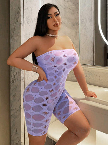 Gorgeous Lady Sexy Lilac Hollow Air Party Nightclub Hottie See-Through One-Shoulder Tube Top Collar Diamond Texture Pattern High Elastic Shorts Tight Jumpsuit