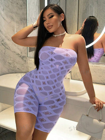 Gorgeous Lady Sexy Lilac Hollow Air Party Nightclub Hottie See-Through One-Shoulder Tube Top Collar Diamond Texture Pattern High Elastic Shorts Tight Jumpsuit