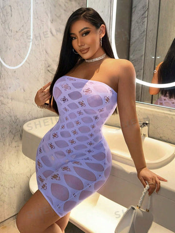 Gorgeous Lady Sexy Lilac Hollow Air Party Nightclub Hottie See-Through One-Shoulder Tube Top Collar Diamond Texture Pattern High Elastic Shorts Tight Jumpsuit
