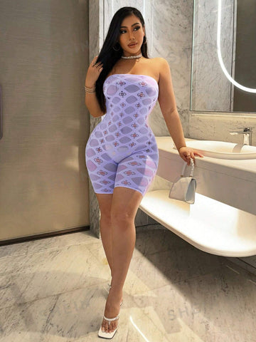 Gorgeous Lady Sexy Lilac Hollow Air Party Nightclub Hottie See-Through One-Shoulder Tube Top Collar Diamond Texture Pattern High Elastic Shorts Tight Jumpsuit