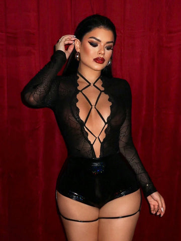 Halloween Black Spiderweb See-Through Lace-Up Bodysuithalloween Clothes