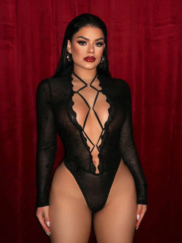 Halloween Black Spiderweb See-Through Lace-Up Bodysuithalloween Clothes