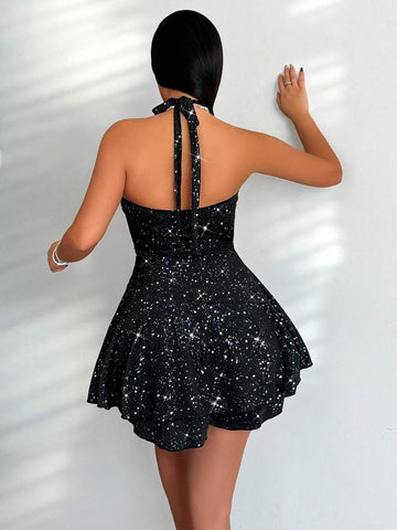 Halter-Neck Flash Pressed Silver Fabric Black Pantsuit