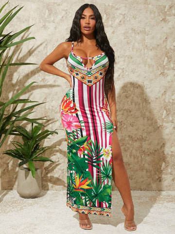High Stretch Knitted Vacation Style Dress With Chest Hollow, Side High Slit And Tropical Digital Printing