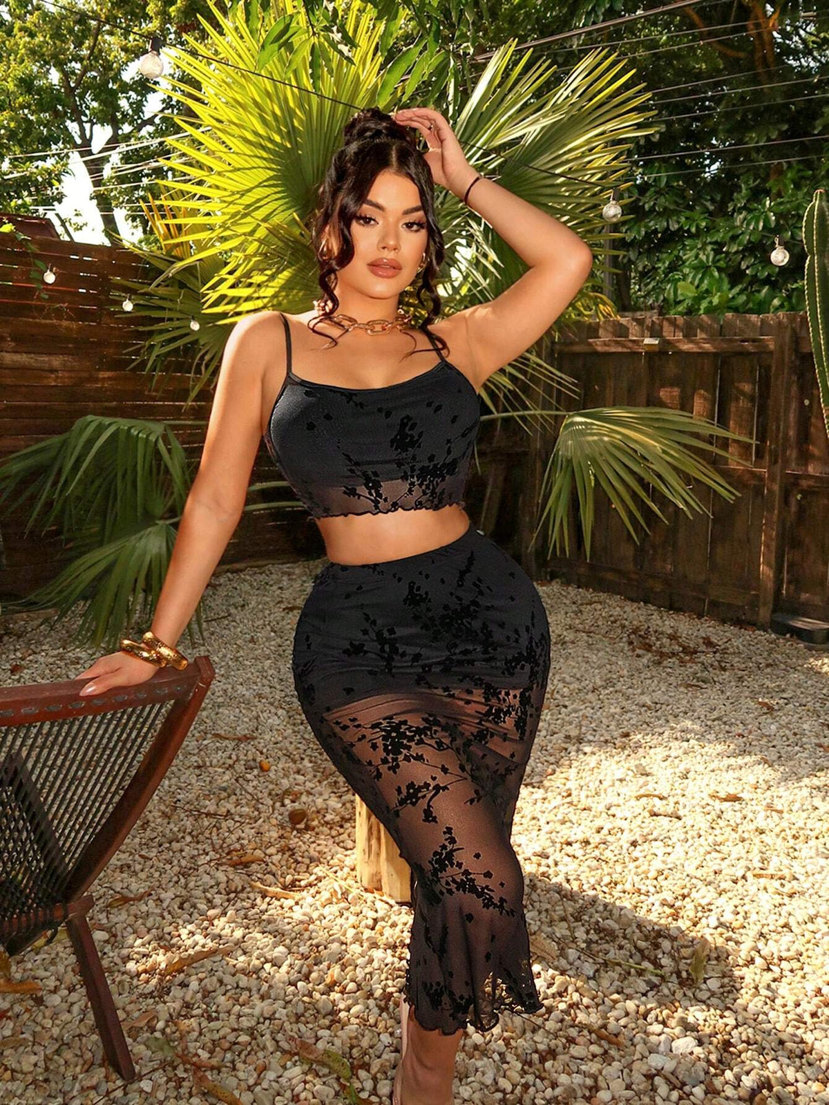 Holiday Sexy Mesh Flocked Perspective Backless Cropped Cami Top And Mermaid Skirt Set Sexy Cargo Summer Women Outfit Clothes Western Wear Birthday Outfit Bachelorette Party Concert Outfits Club