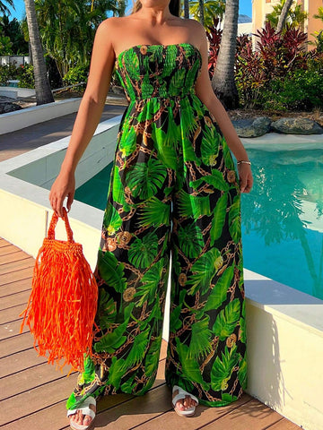 Holiday Strapless Wide Leg Jumpsuit For Women With Tropical Plant Chiffon Print And Loose Fit