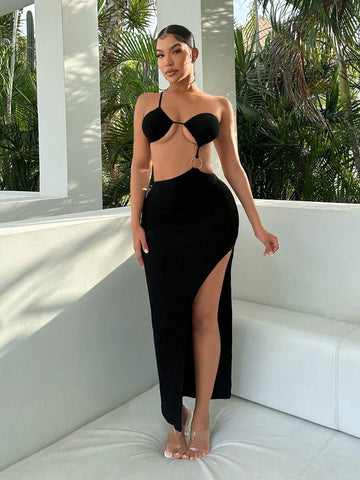 Holiday Style Irregular Ring Side High Slits And Large Backless Women's Long Dress