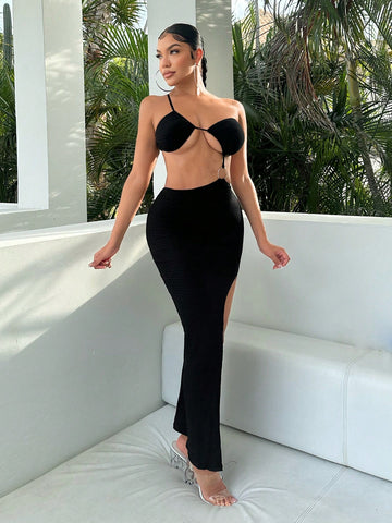 Holiday Style Irregular Ring Side High Slits And Large Backless Women's Long Dress