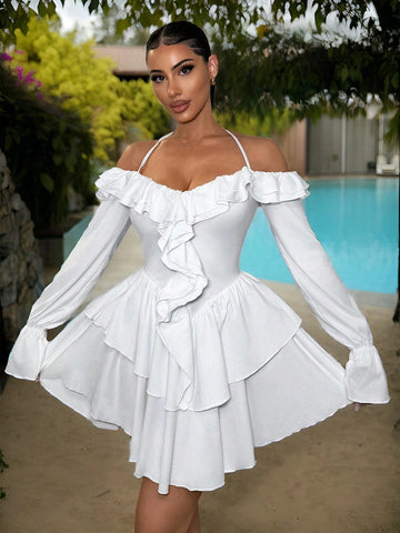 Holiday Vacation Beach Summer Multi-Layered Ruffles Oversized Skirt Women's Solid Color Simple Daily Ruffle Hem Dress