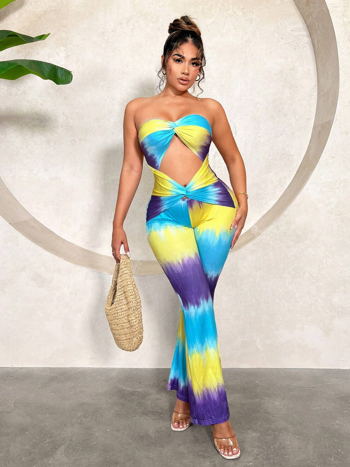 Hollow-Out Tie-Dye Gradient Print Twisted Jumpsuit With Sleeveless Bandeau Top Design