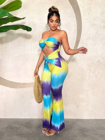 Hollow-Out Tie-Dye Gradient Print Twisted Jumpsuit With Sleeveless Bandeau Top Design