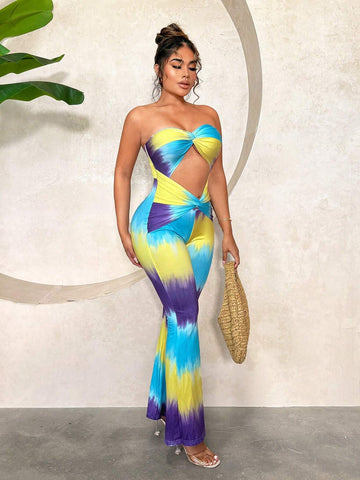 Hollow-Out Tie-Dye Gradient Print Twisted Jumpsuit With Sleeveless Bandeau Top Design