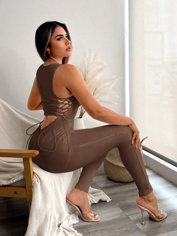 Hollow Out Back Cross Strap Sleeveless Jumpsuit