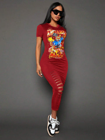Hollow Out Bodycon Dress With Letters And Leopard Print