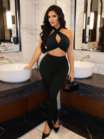 Hollow Out Crop Top & Pleated Pants Hanging Neck Two Piece Set
