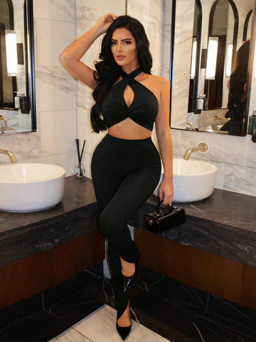 Hollow Out Crop Top & Pleated Pants Hanging Neck Two Piece Set